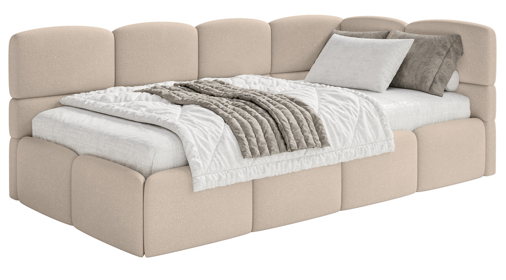 SELSEY Łóżko młodzieżowe 90x200 cm Cloudy prawostronne z pojemnikiem beżowe szenil