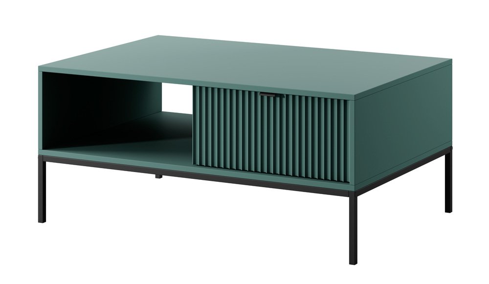 SELSEY Ława kawowa Vellore 104x68 cm zielona z ryflowanym frontem, czarnymi uchwytami i stelażem