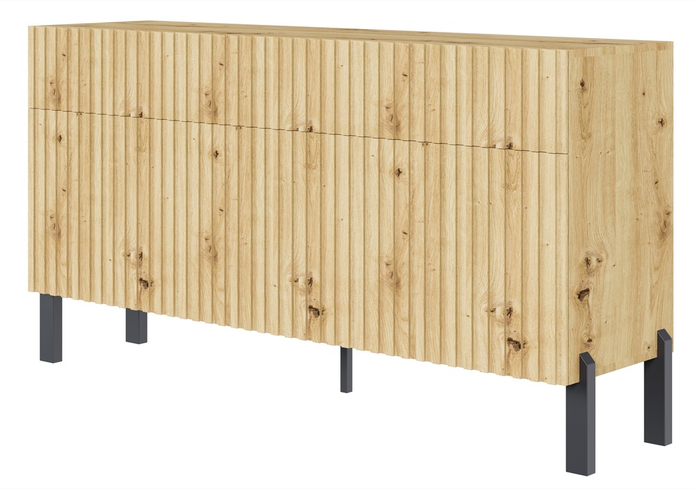 SELSEY Komoda trzydrzwiowa Telire 154 cm z trzema szufladami i lamelowym frontem dąb artisan