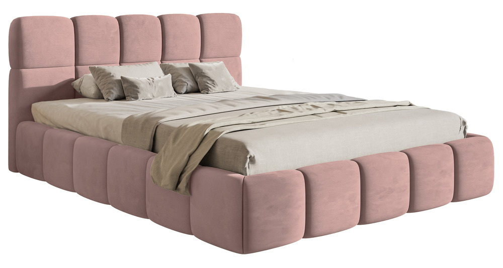 SELSEY Łóżko tapicerowane 180x200 cm Cloudy z pojemnikiem jasnoróżowe welur hydrofobowy łatwoczyszczący stelaż metalowy