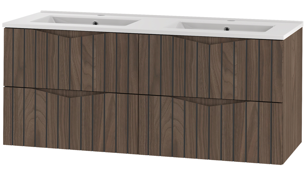 SELSEY Zestaw łazienkowy z dwiema szafkami i dwiema umywalkami Stella 120 cm ryflowane fronty orzech / czarny mat