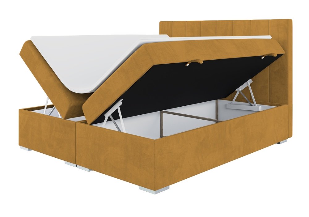 SELSEY Łóżko kontynentalne 180x200 cm Alenna z pojemnikami i topperem musztardowe welur hydrofobowy