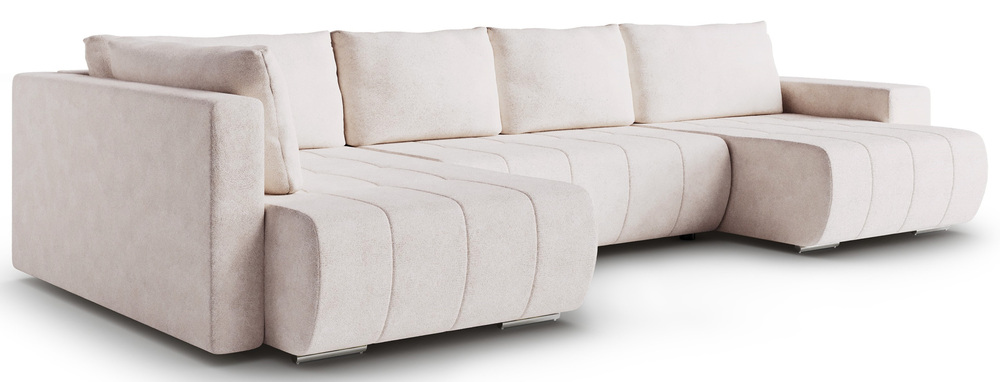 SELSEY Narożnik z funkcją spania Blur U-kształtny lewostronny z pojemnikiem jasnobeżowy plecionka hydrofobowa