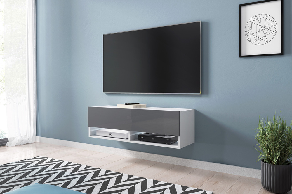 SELSEY Szafka RTV Wander 100 cm Biały mat / Szary połysk z oświetleniem LED