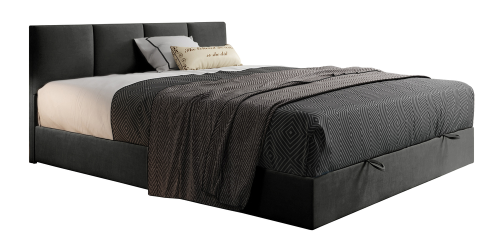 SELSEY Łóżko kontynentalne 140x200 cm Rekand z pojemnikiem z materacem kieszeniowym i topperem ciemnoszare welur