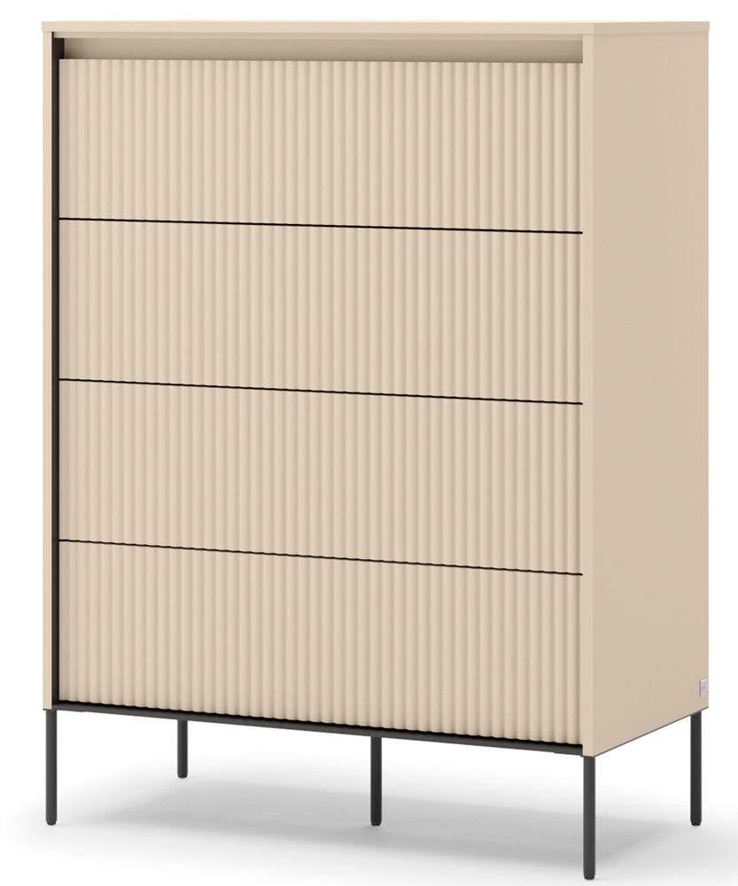 SELSEY Komoda wysoka Trend z czterema szufladami i oświetleniem 93 cm ryflowane fronty beż piaskowy / czarny