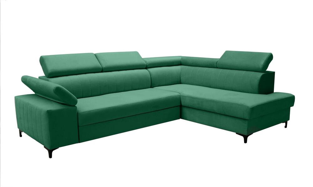 SELSEY Narożnik z funkcją spania Tazzola L-kształtny z pojemnikiem zielony prawostronny