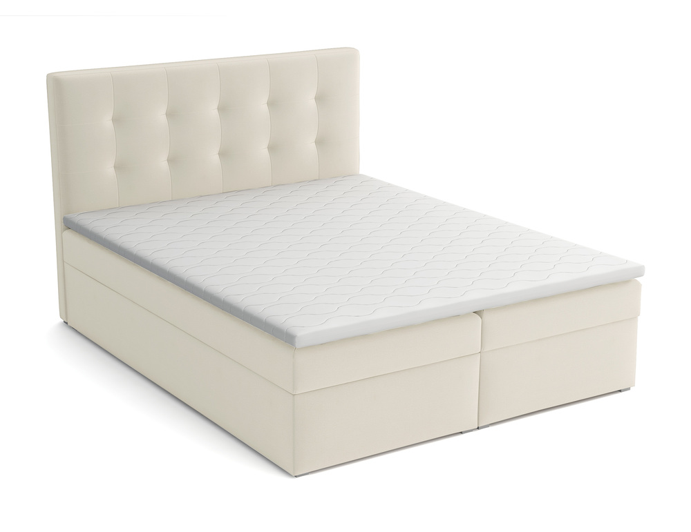 SELSEY Łóżko kontynentalne 180x200 cm Nabbe z pojemnikami i topperem kremowe welur