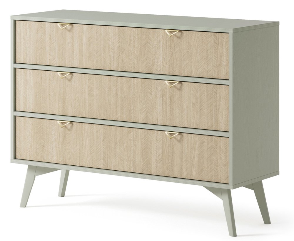 SELSEY Komoda Favoria z szufladami 106 cm eukaliptus/jodełka scandi ze złotymi uchwytami