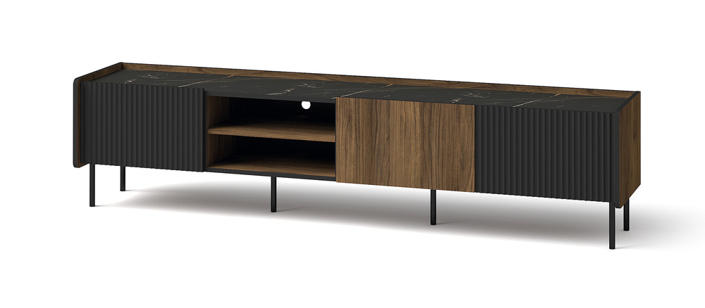 SELSEY Szafka RTV trzydrzwiowa Prestigo z ryflami i półką 200 cm orzech warmia/czarny/san sebastian