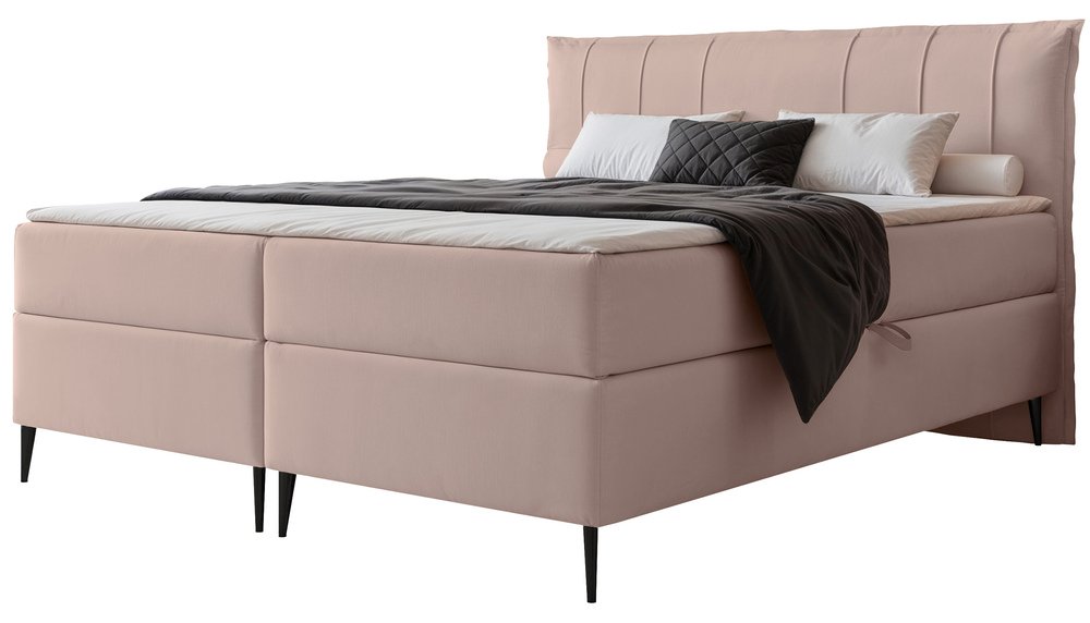 SELSEY Łóżko kontynentalne 180x200 cm Suzi z materacem bonellowym i topperem beżowe welur hydrofobowy