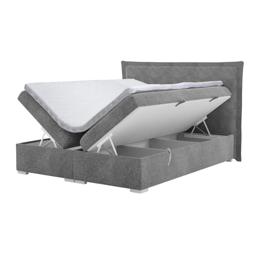 SELSEY Łóżko kontynentalne 160x200 cm Nurdicer z pojemnikami i topperem szare welur hydrofobowy