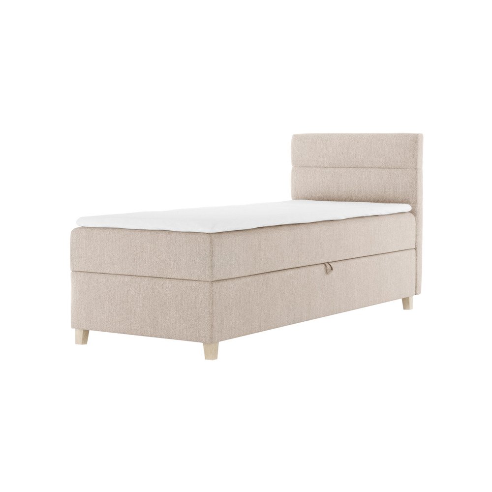 SELSEY Łóżko kontynentalne 80x200 cm Charolle z pojemnikiem i topperem jednoosobowe beżowe welur lewostronne