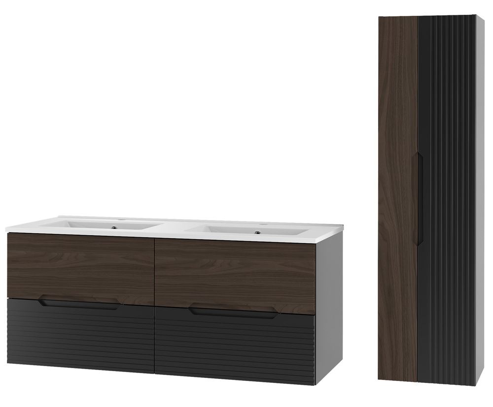 SELSEY Zestaw łazienkowy z umywalkami i słupkiem Avella 155 cm ryflowane fronty czarny mat / orzech