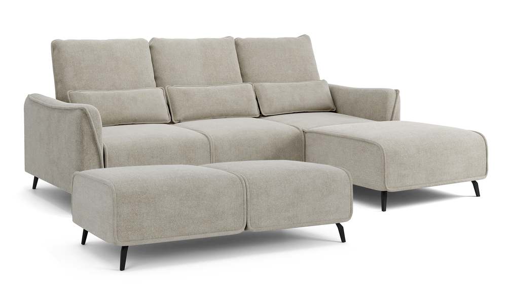 SELSEY Narożnik z funkcją spania Rumbia z pufą L-kształtny szarobeżowy z regulowanym oparciem w tkaninie łatwoczyszczcej plecionka nogi czarne prawost