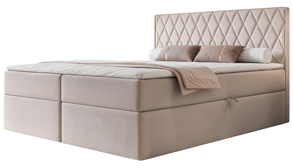 SELSEY Łóżko kontynentalne 160x200 cm Carenzo z materacem bonellowym i topperem szarobeżowe welur hydrofobowy