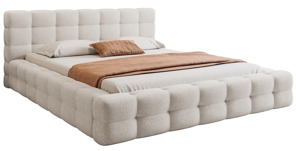 SELSEY Łóżko tapicerowane 140x200 cm Floriso z pojemnikiem i metalowym stelażem jasnobeżowe boucle