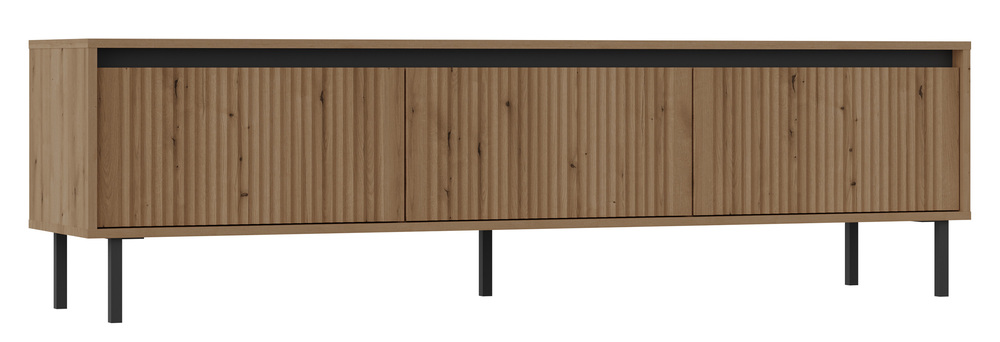 SELSEY Szafka RTV Osaka z trzema szufladami i ryflowanymi frontami 179 cm dąb evoke na czarnych nogach