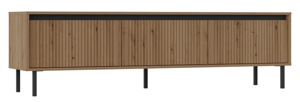 SELSEY Szafka RTV Osaka z trzema szufladami i ryflowanymi frontami 179 cm dąb evoke na czarnych nogach