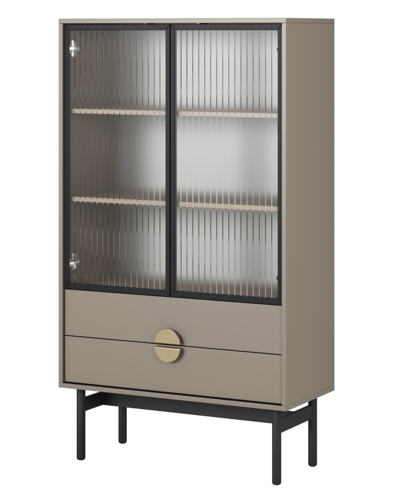 SELSEY Witryna niska Stoon 85 cm z trzema półkami i dwiema szufladami Beż/Cappucino