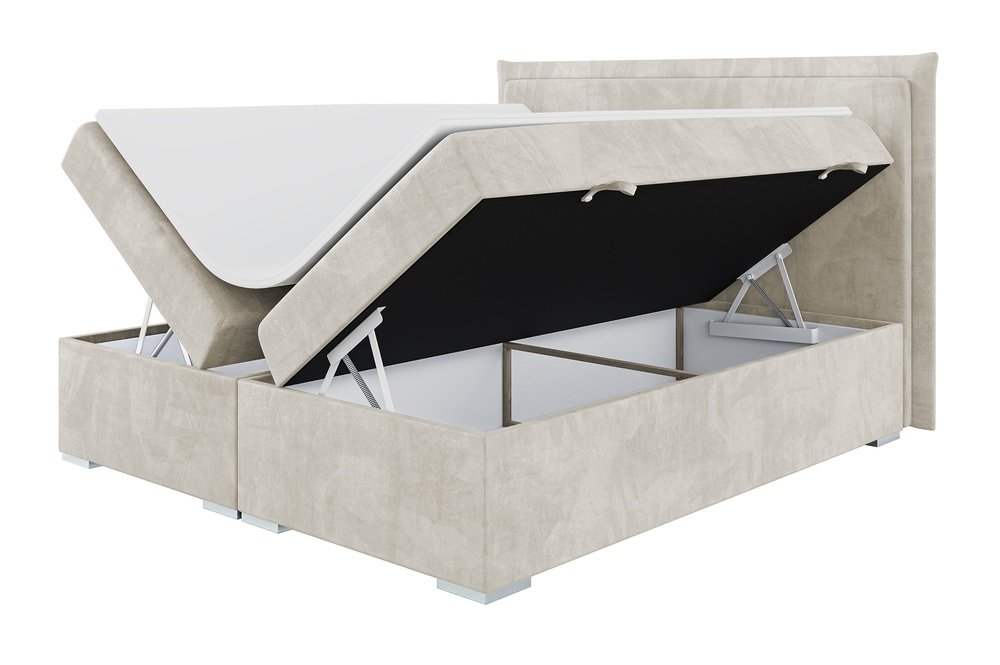 SELSEY Łóżko kontynentalne 160x200 cm Nurdicer z pojemnikami i topperem beżowe welur hydrofobowy