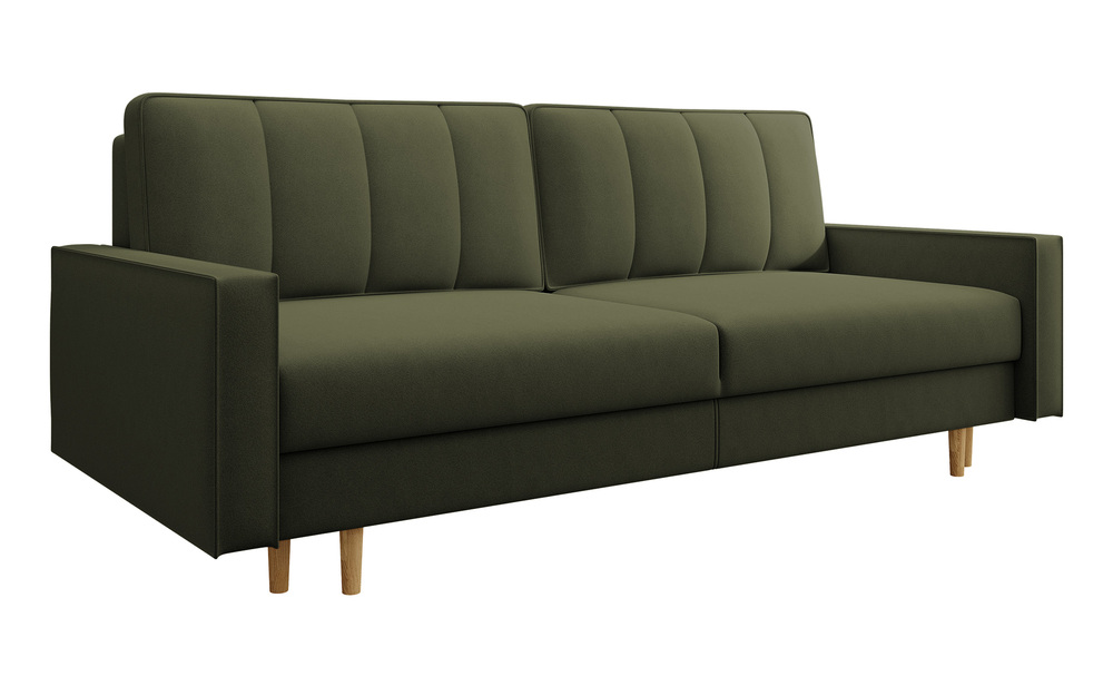 SELSEY Kanapa rozkładana trzyosobowa Derban z pojemnikiem oliwkowa welur łatwoczyszcząca