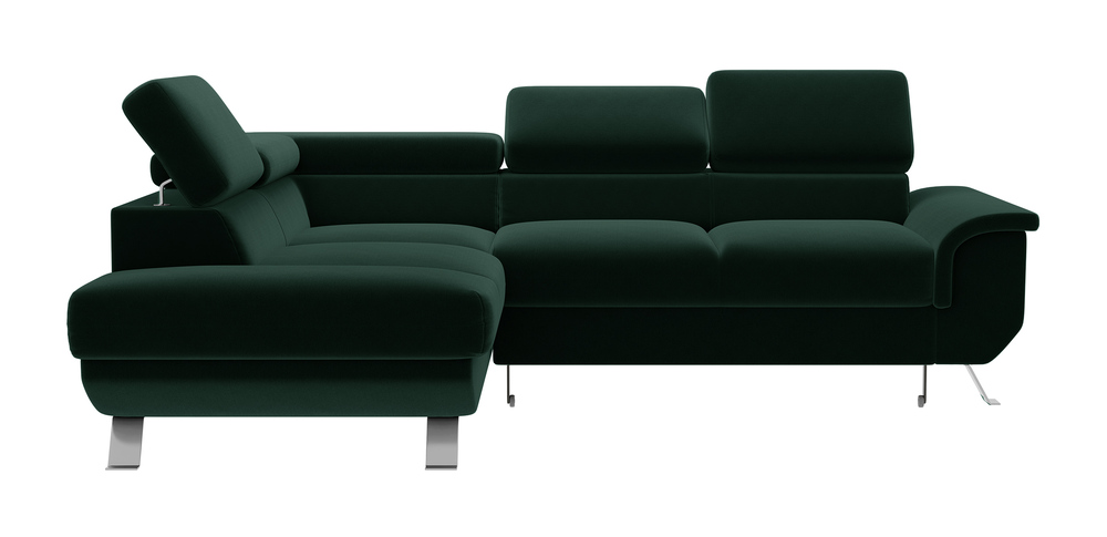 SELSEY Narożnik z funkcją spania Carenero L-kształtny z pojemnikiem i regulowanymi zagłówkami ciemnozielony welur hydrofobowy lewostronny