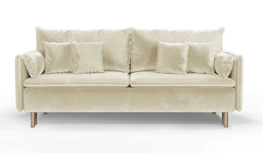 SELSEY Kanapa rozkładana trzyosobowa Gennario z pojemnikiem na złotych nogach beżowa welur łatwoczyszczący