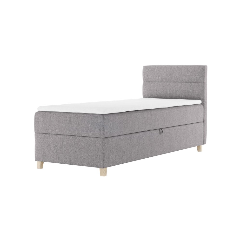 SELSEY Łóżko kontynentalne 90x200 cm Charolle z pojemnikiem i topperem jednoosobowe szare welur lewostronne