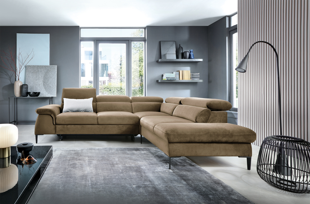 SELSEY Narożnik z funkcją spania Naverro L-kształtny z pojemnikiem jasnobrązowy velvet hydrofobowy prawostronny