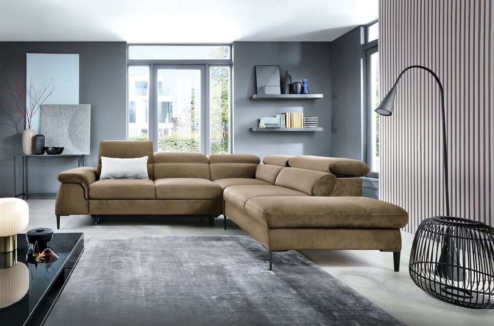 SELSEY Narożnik z funkcją spania Naverro L-kształtny z pojemnikiem jasnobrązowy velvet hydrofobowy prawostronny