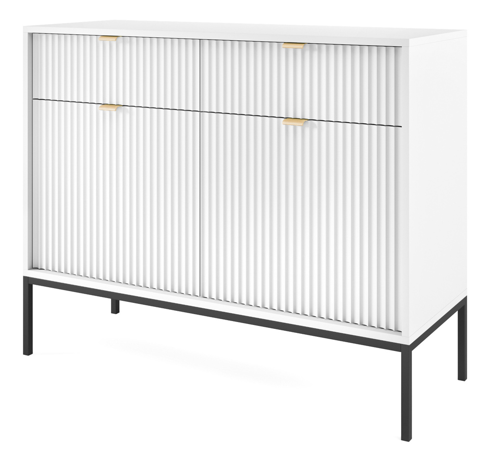 SELSEY Komoda dwudrzwiowa Vellore 104 cm biała z ryflowanymi frontami i złotymi uchwytami
