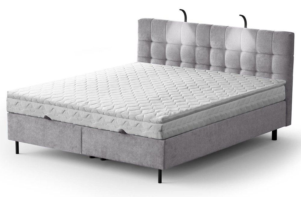 SELSEY Łóżko kontynentalne 160x200 cm Muna z pojemnikiem i oświetleniem LED jasnoszare welur