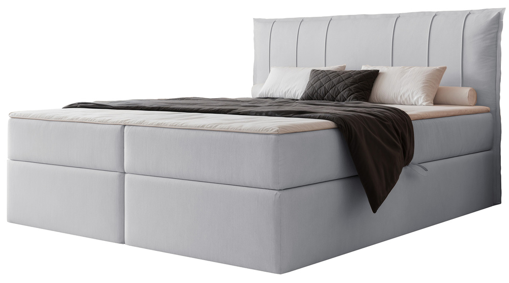 SELSEY Łóżko kontynentalne 200x200 cm Moly z materacem bonellowym i topperem jasnoszare welur hydrofobowy