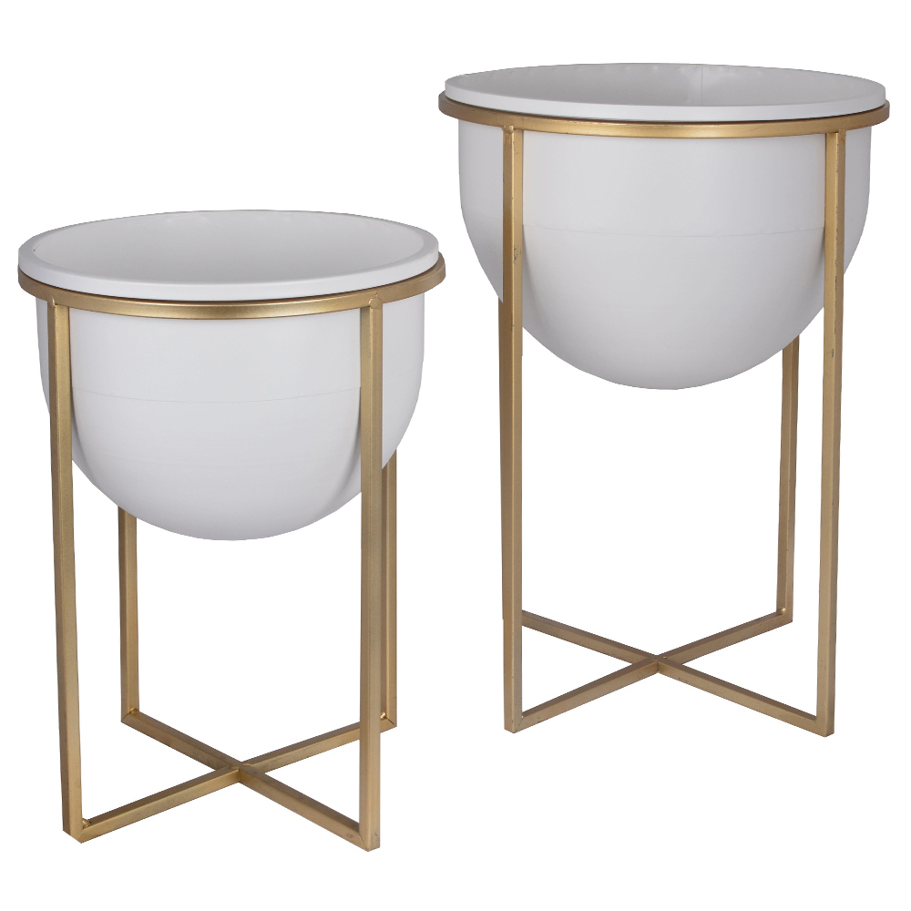 SELSEY Zestaw dwóch doniczek Grapplice białe na złotym stelażu