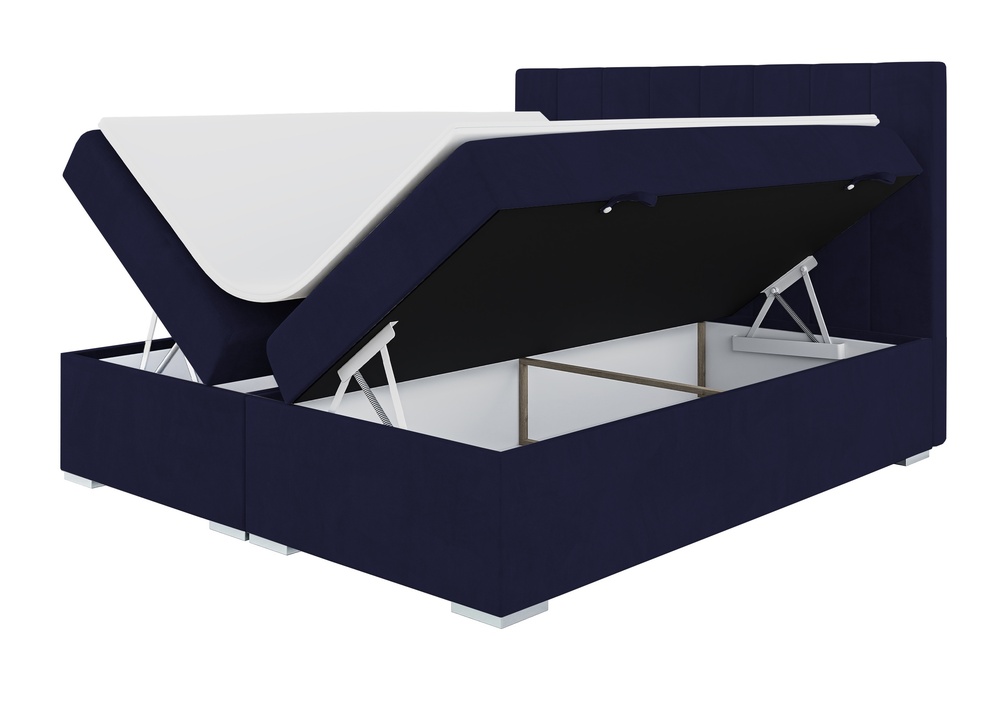 SELSEY Łóżko kontynentalne 180x200 cm Alenna z pojemnikami i topperem granatowe welur hydrofobowy