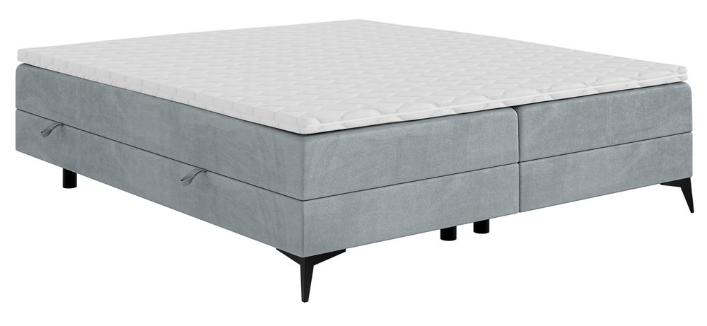 SELSEY Łóżko kontynentalne Baseo niskie 180x200 cm bez wezgłowia z pojemnikami i topperem jasnoszare welur hydrofobowy