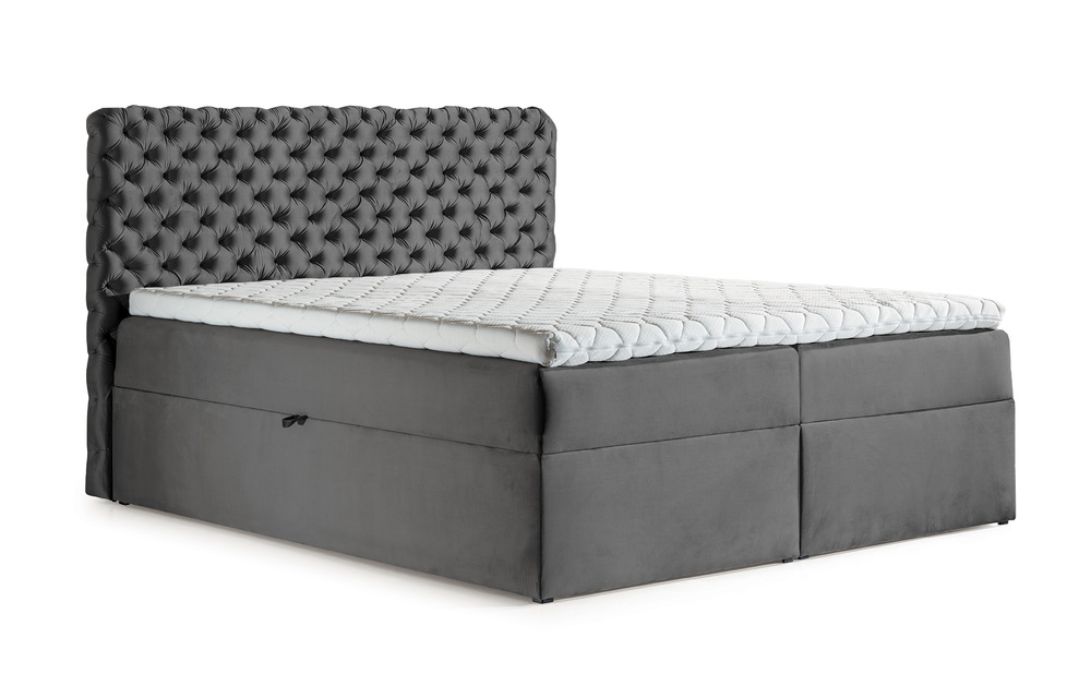 SELSEY Łóżko kontynentalne Costmary 140x200 z dwoma pojemnikami, materacem i topperem ciemnoszare hydrofobowe