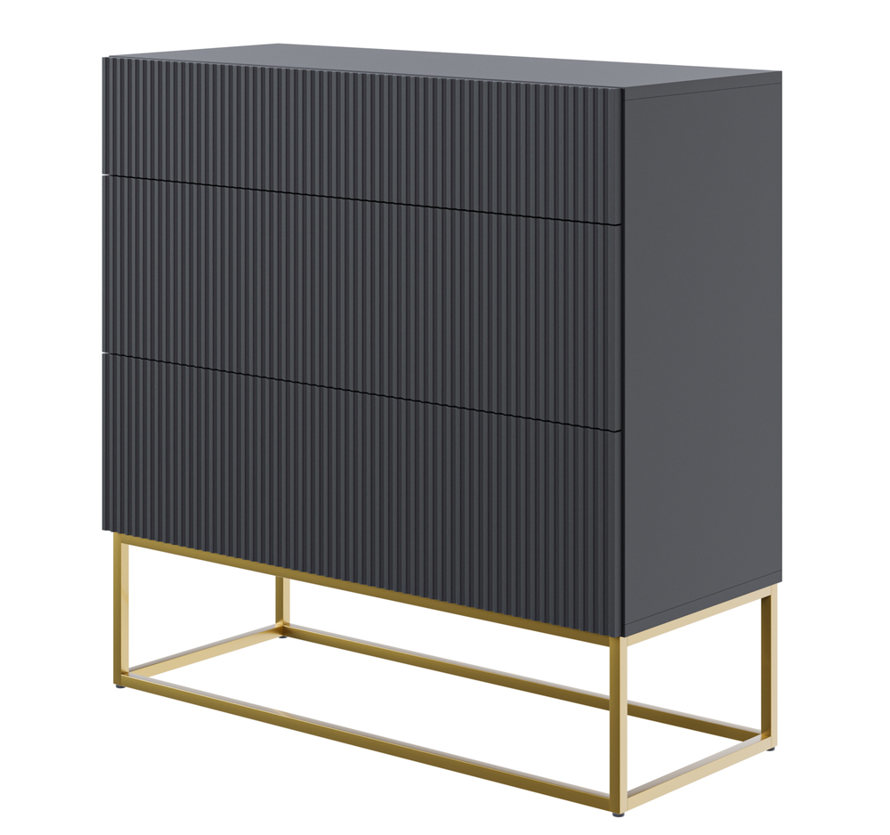 SELSEY Komoda Veldio z frezowanym frontem i trzema szufladami 90 cm Czarna ze złotymi nogami