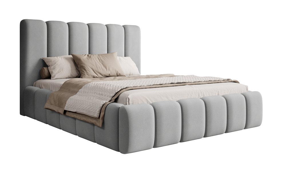 SELSEY Łóżko tapicerowane 160x200 cm Biscottino jasnoszare z pojemnikiem stelaż metalowy podnośnik gazowy