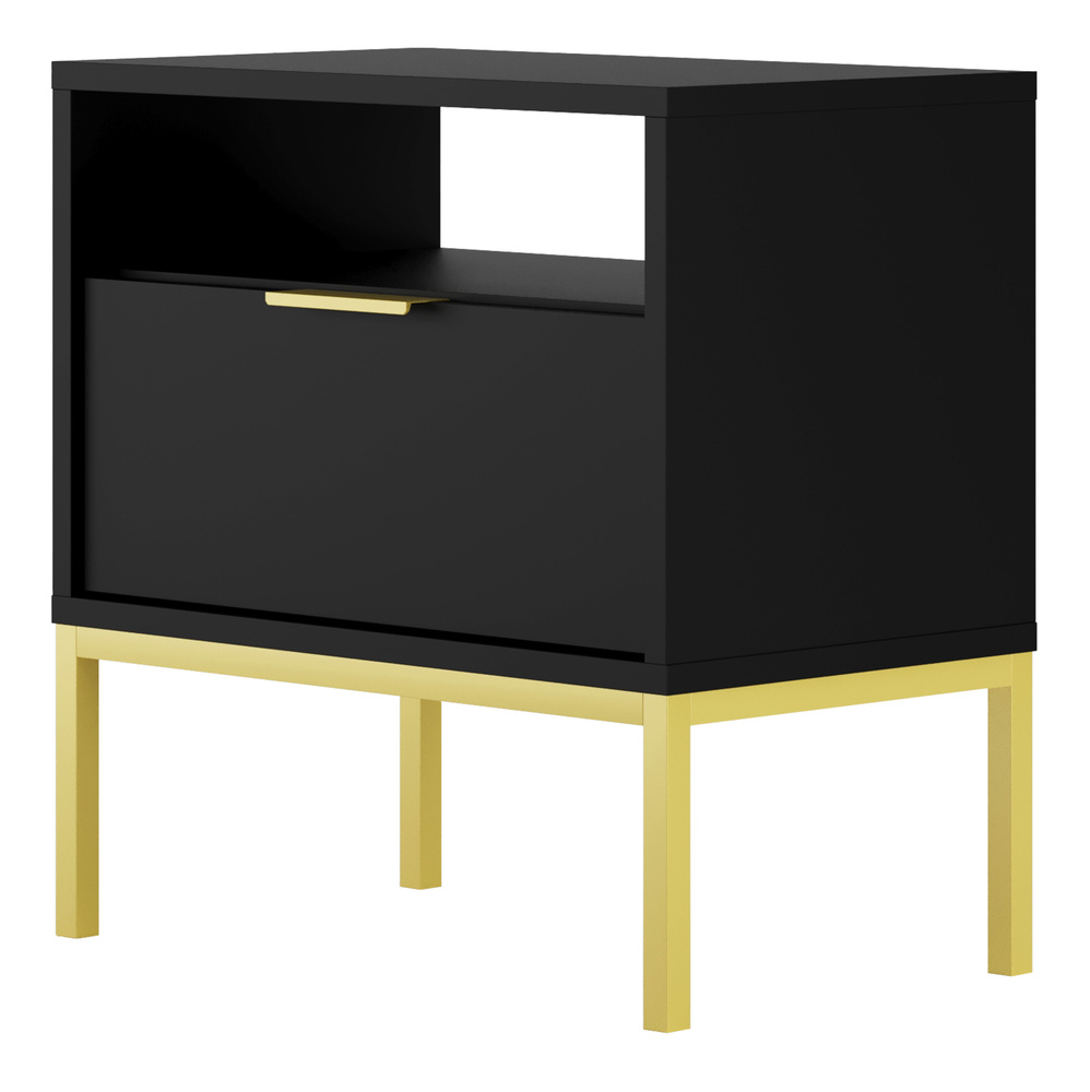 SELSEY Szafka nocna Diargo z szufladą i wnęką czarna na złotym stelażu