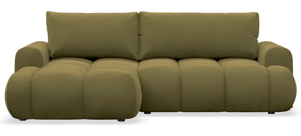 SELSEY Narożnik z funkcją spania Ombo Mini L-kształtny lewostronny z pojemnikiem oliwkowy welur hydrofobowy