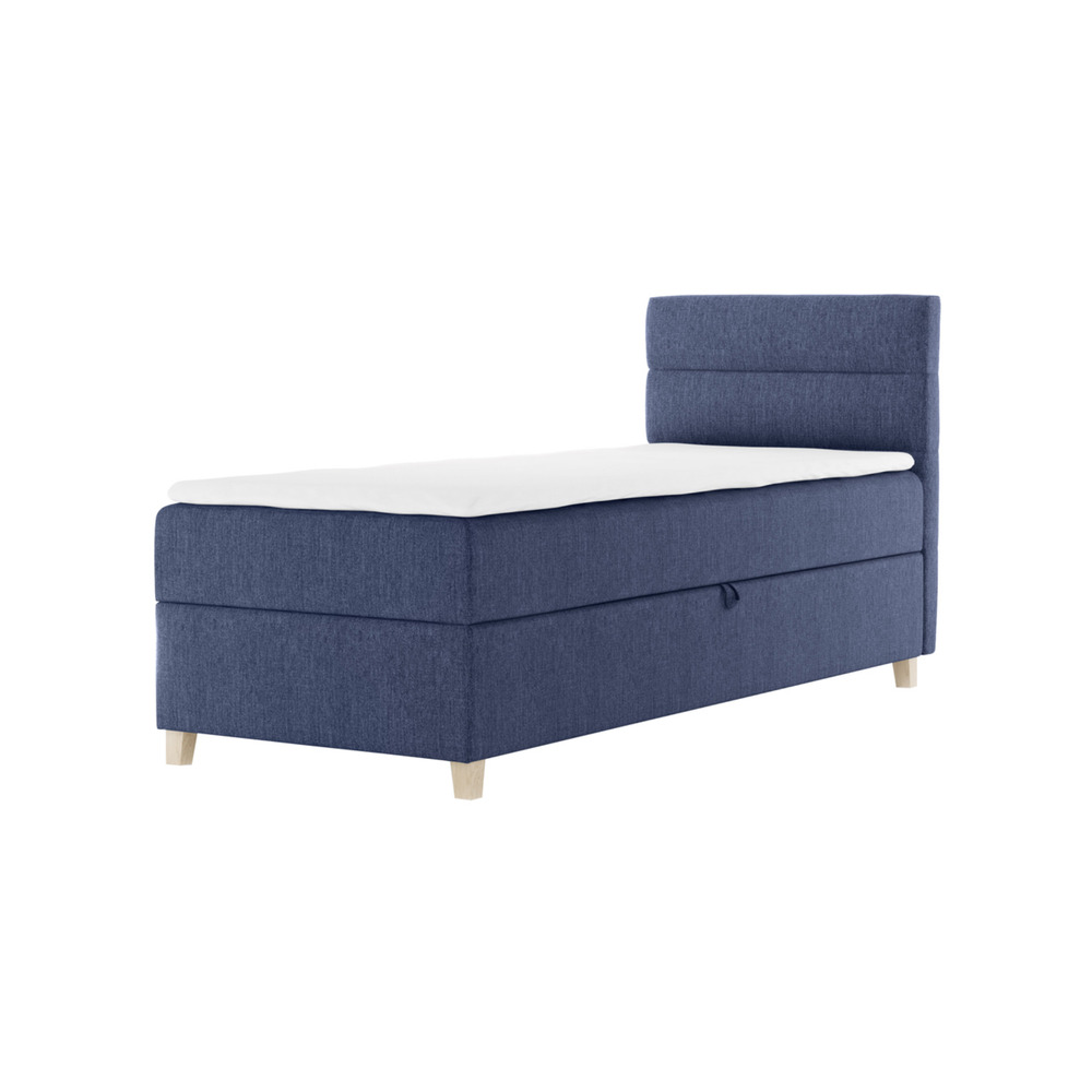 SELSEY Łóżko kontynentalne 90x200 cm Charolle z pojemnikiem i topperem jednoosobowe granatowe welur lewostronne