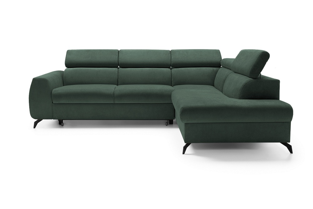 SELSEY Narożnik z funkcją spania Hazryn L-kształtny z regulowanymi zagłówkami i pojemnikiem zielony welur łatwoczyszczący prawostronny