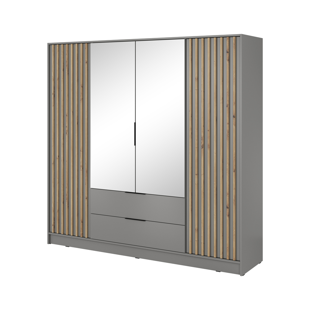 SELSEY Szafa z lustrem Karette czterodrzwiowa szara lamele dąb artisan
