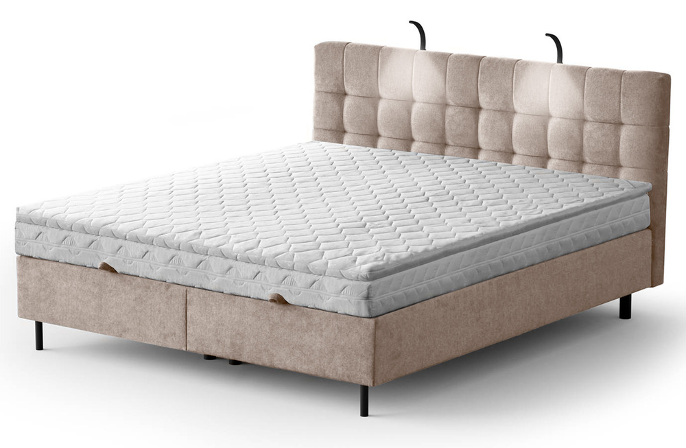 SELSEY Łóżko kontynentalne 140x200 cm Muna z pojemnikiem i oświetleniem LED beżowe welur