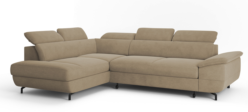 SELSEY Narożnik z funkcją spania Lambo L-kształtny z boczkiem z regulowanymi zagłówkami i pojemnikiem beżowy welur łatwoczyszczący lewostronny