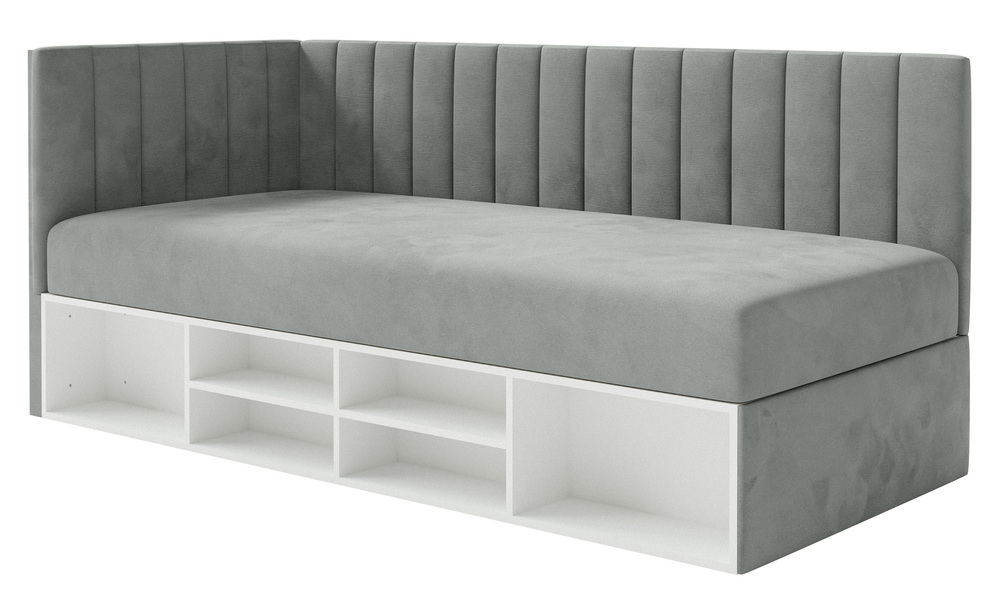 SELSEY Łóżko młodzieżowe 90x200 cm Ventrio lewostronne z pojemnikiem i półkami szare welur hydrofobowy łatwoczyszczący