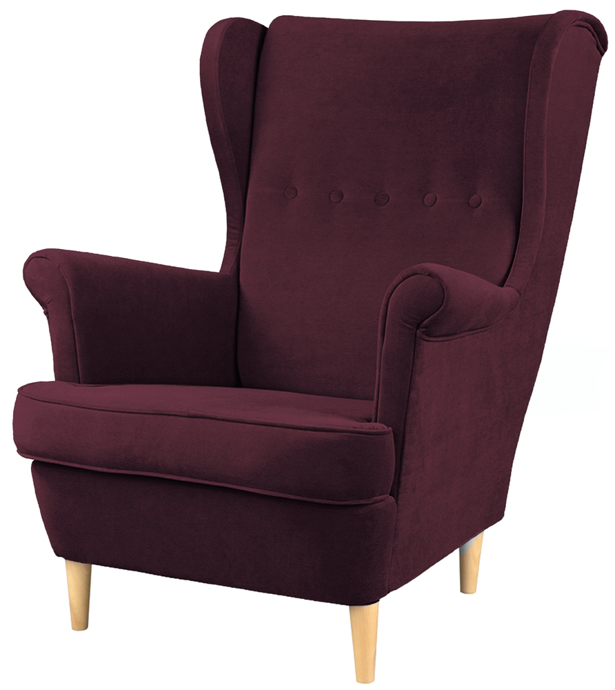 SELSEY Fotel uszak Malmo burgundowy welur łatwoczyszczący na bukowych nóżkach
