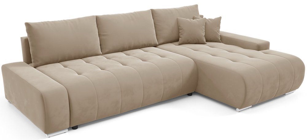 SELSEY Narożnik z funkcją spania Magliano L-kształtny prawostronny z pojemnikiem jasnobeżowy welur